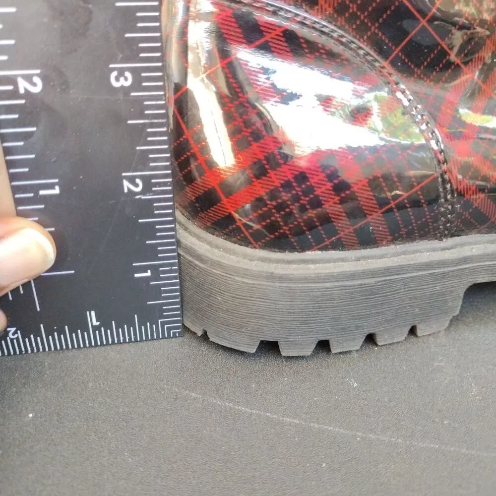 Jessica Simpson Rain Combat Boots Plaid Patent Zip Sides Kids Size 5 Black Red